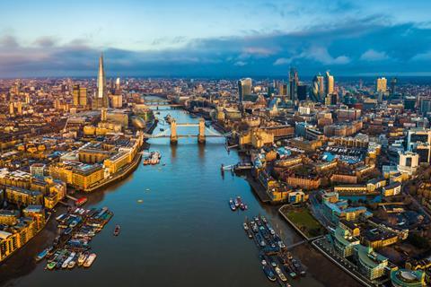 An aerial view over the River Thames