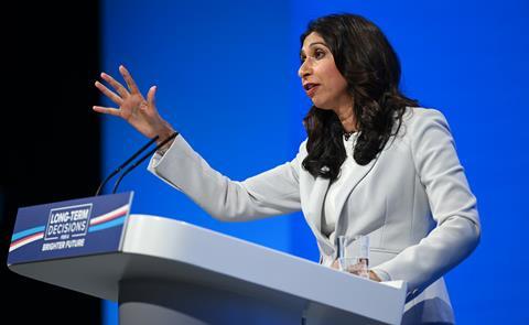 Home secretary Suella Braverman delivers her speech at the Conservative Party Conference in Manchester