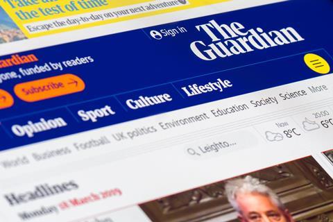 A close up of the Guardian website's header