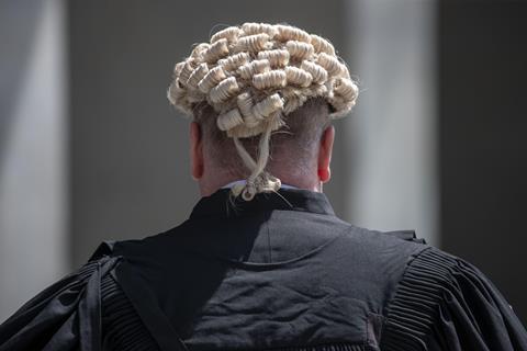 An anonymous man wearing barrister wig and gown