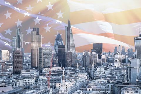 London skyline us flag