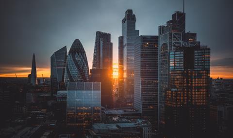 City of London skyscrapers at sunset