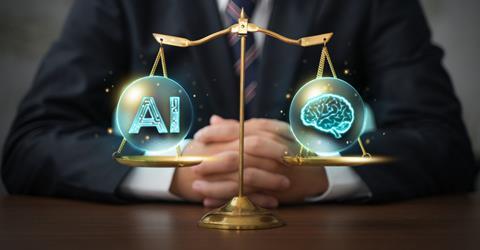 A blurred figure of a businessman sits behind justice scales with the graphics of AI and a human brain