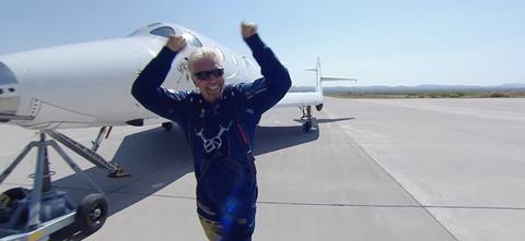 Sir Richard Branson reacting as he steps out of SpaceShip Two Unity 22 shortly after landing in a return from space 