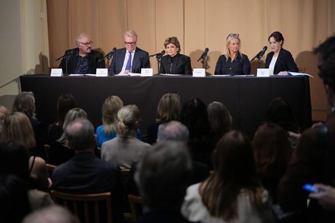 (L-R): Barrister Bruce Drummond, Dean Armstrong KC, US attorney Gloria Allred, Natacha (no surname given) and barrister Maria Mulla