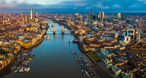An aerial view over the River Thames