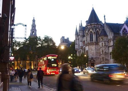 Strand and Royal Courts of Justice at dusk