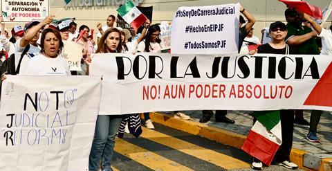 Mexico judicial reform protest outside IBA September 2024