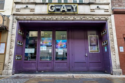 A G-A-Y sign seen outside the club with shut doors in London