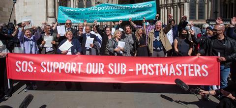 Postmasters outside the High Court after convictions quashed