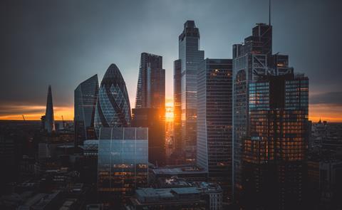 City of London skyscrapers at sunset