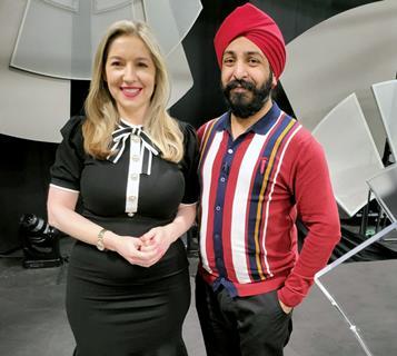 Victoria Coren Mitchell and Paul Singh on the set of Only Connect_