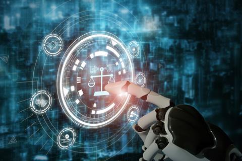 Robot hand touches digital justice scales