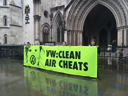 Demonstrators outside RCJ as emissions-rigging compensation case against Vokswagen opens