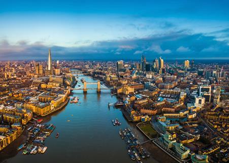 An aerial view over the River Thames