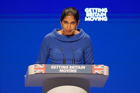 Suella Braverman speaking during the Conservative Party Conference, Birmingham 2022