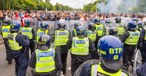 Rioters continue to clash with police as hundreds of police and protestors clash outside a Holiday Inn Express, Rotherham
