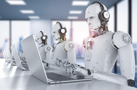 Robots at computers wearing headsets
