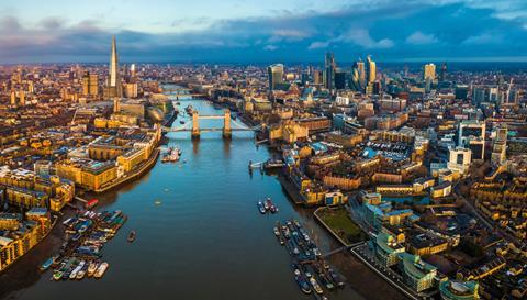 An aerial view over the River Thames