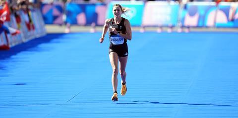 Great Britain's Rose Harvey approaches the finish line during the Women's Marathon, 2024 Paris Olympic Games