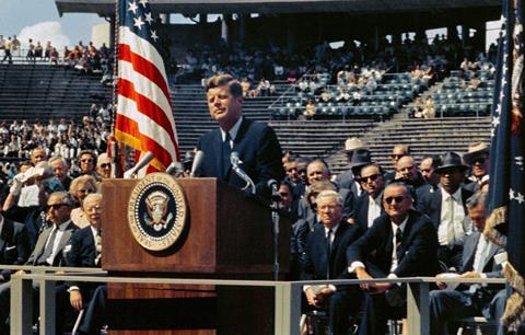 US president John F. Kennedy delivers his famous speech on space exploration and the nation's effort to land on the Moon during an address at the Rice University Stadium September 12, 1962, in Houston, Texas