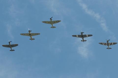 Spitfires and Hurricanes of the Battle of Britain Memorial Flight pass over legal London
