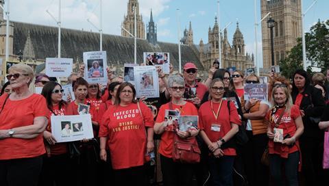 The Hepatitis C Trust assembles at Parliament Square to demand action ahead of the final report on the infected blood scandal, May 2024