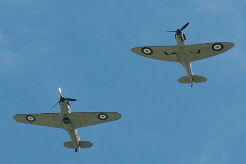 Spitfires and Hurricanes of the Battle of Britain Memorial Flight pass over legal London