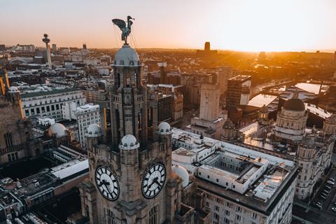 An aerial view of the Royal Liver Building, Liverpool, at sunset