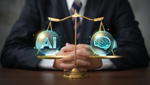 A blurred figure of a businessman sits behind justice scales with the graphics of AI and a human brain
