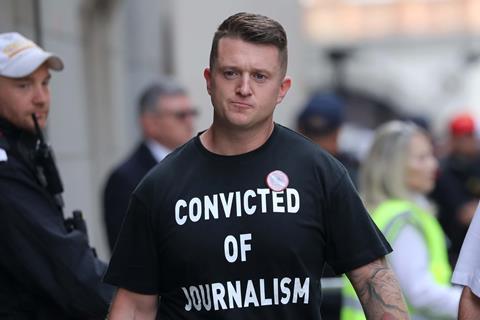 Tommy Robinson arrives for sentencing for contempt of court at the Old Bailey in London