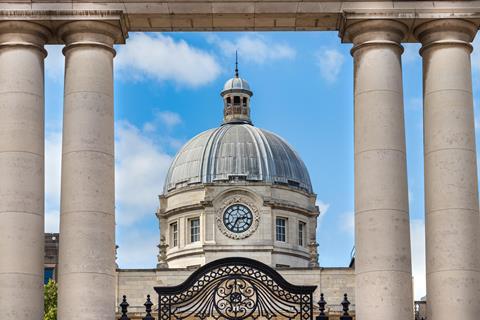 The clock and the dome of the Government Buildings - Tithe an Rialtais -  in Dublin, Ireland