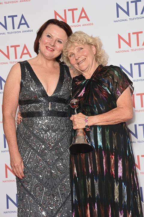 Monica Dolan and Jo Hamilton pose with the New Drama award for Mrs Bates vs The Post Office at the National Television Awards 2024