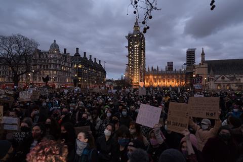 Protesters demonstrate in Parliament Square against the passage of a new policing bill in the House of Commons