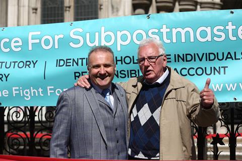 Former post office workers Lee Castleton (left) and Noel Thomas celebrate outside the Royal Courts of Justice, London, after their convictions wer overturned by the Court of Appeal