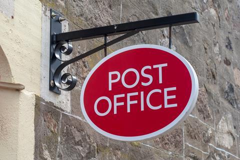 Post office sign hanging outside shop