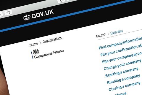 Companies House homepage on its website shown on a tablet