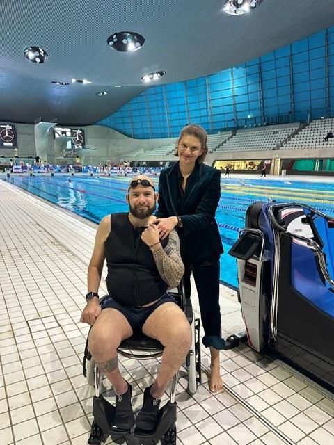 Justen Bersin-Taylor and his wife Sandrine at the London Aquatic Centre