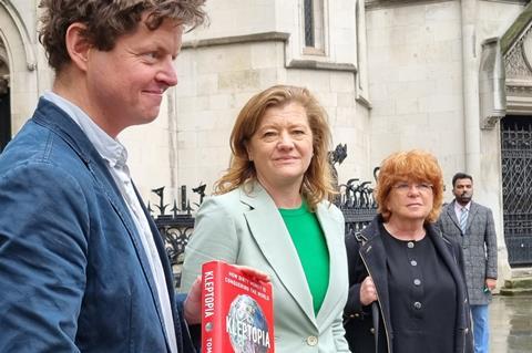 Tom Burgis, Arabella Pike and Caroline Kean outside the Royal Courts of Justice