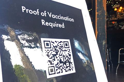 A sign asking for proof of Covid vaccination before entering a bar in the US