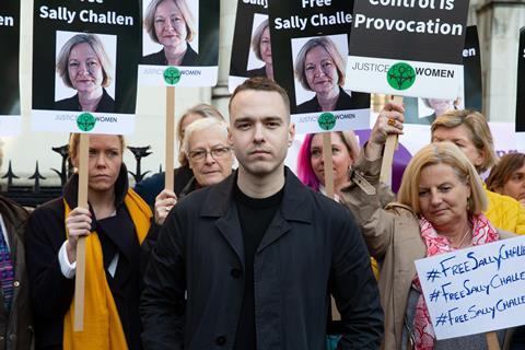 Sally Challen’s son, David (centre), with protesters outside the High Court