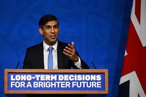Prime minister Rishi Sunak delivering a speech during a press conference on the net zero target, September 2023