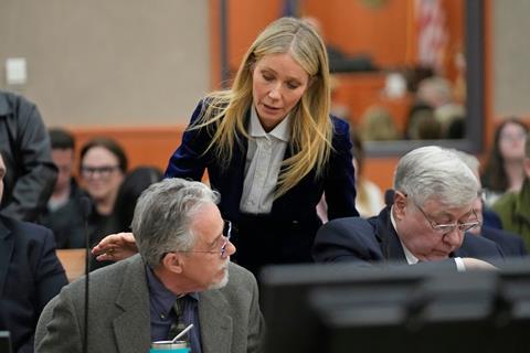 Paltrow speaks with retired optometrist Terry Sanderson as she walks out of the courtroom following the verdict