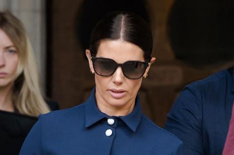 Rebekah Vardy leaves the Royal Courts of Justice on the first day of the hearing on the libel case against Coleen Rooney