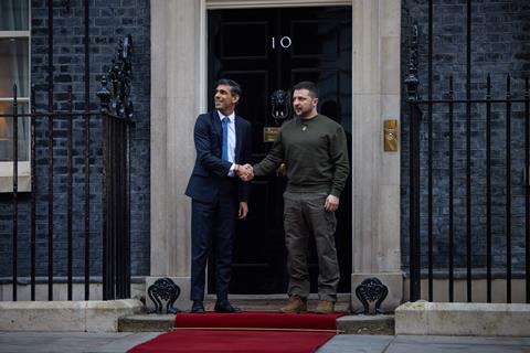 Ukraine's President Volodymyr Zelensky and British Prime Minister Rishi Sunak meet outside Number 10
