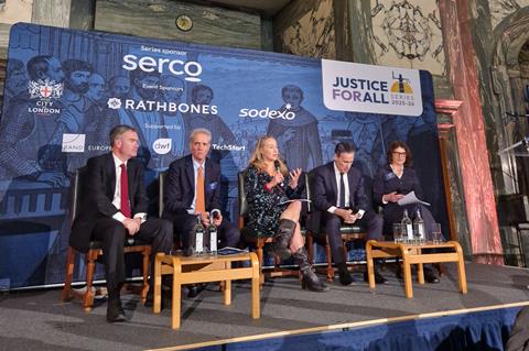 From left: David Gauke, Charlie Taylor, Andrea Coomber KC, Richard Susskind and Katie Wheatley speaking on a panel at the second Justice for All event