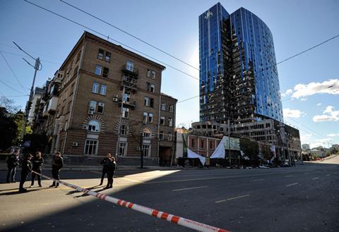 Kyiv- business centre building partially destroyed by Russian army rocket fire in October