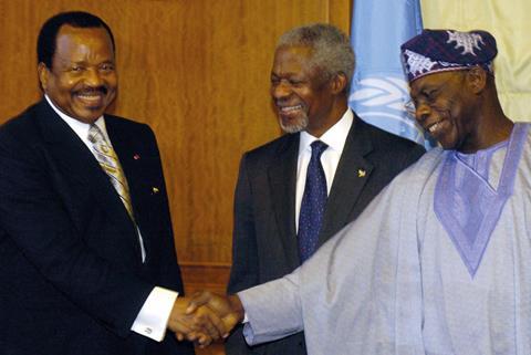 Nigerian president Olusegun Obasanjo, Cameroon president Paul Biya and Kofi Annan