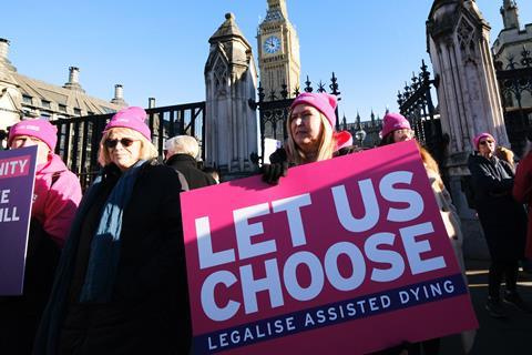 Protesters for the assisted dying bill outside parliament, November 2024