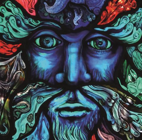‘The Blue Man’ – a spirit of the sea that controls storms and calms the ocean from British folklore – created by Sunrise Stained Glass, Hampshire